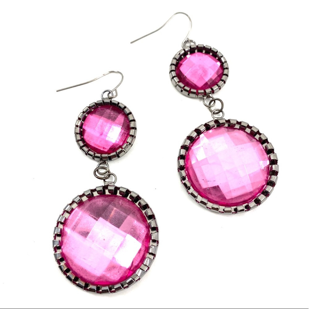 Pink gem fashion silver tone fish hook earrings U